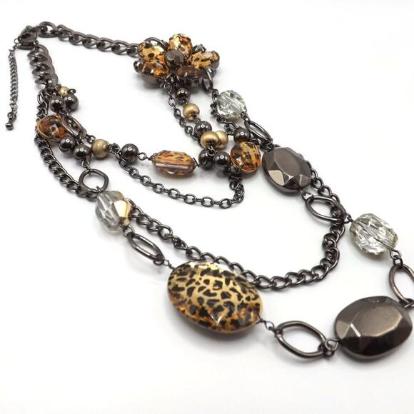 New York & Co. Multistrand Necklace, Animal Print Beads Side Floral Pendant, 20" - Picture 5 of 11